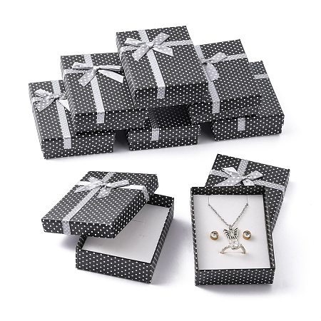 Honeyhandy Cardboard Jewelry Set Boxes, with Bowknot Outside and Sponge Inside, for Necklaces and Pendants, Rectangle, Black, 90x70x30mm