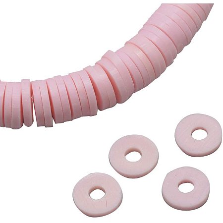 NBEADS 10 Strands Handmade Flat Round Polymer Clay Bead Spacer Beads for DIY Jewelry Making, 4x1mm, Hole: 1mm, About 380pcs/strand, Pink