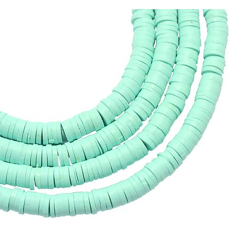 NBEADS 10 Strands Handmade Flat Round Polymer Clay Bead Spacer Beads for DIY Jewelry Making, 4x1mm, Hole: 1mm, About 380pcs/strand, Aquamarine