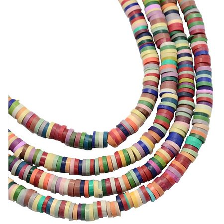NBEADS 10 Strands Handmade Flat Round Polymer Clay Bead Spacer Beads for DIY Jewelry Making, 4x1mm, Hole: 1mm, About 380pcs/strand, Mixed Color