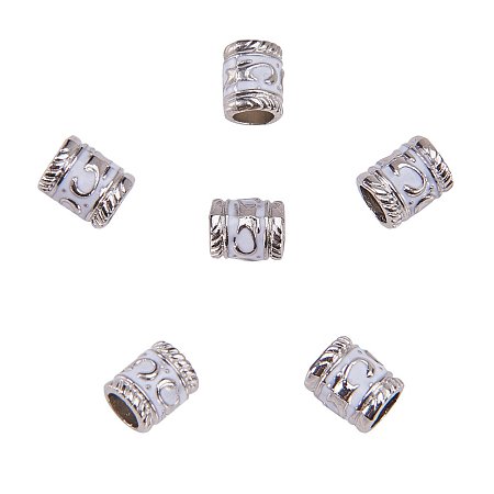 NBEADS 100 Pcs Enamel Alloy European Beads, Large Hole Column Beads, Platinum Color, White, About 7mm Wide, 8.5mm Long, Hole: 5mm
