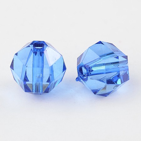 Honeyhandy Transparent Acrylic Beads, Faceted, Round, Blue, 10mm in diameter, 10mm thick, hole: 2mm, about 916pcs/500g