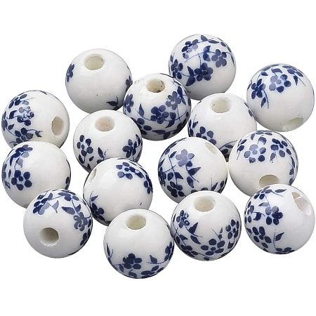 CHGCRAFT About 200pcs Handmade Printed Porcelain Beads Round Shaped Charm PrussianBlue Color Spacer Beads Loose Beads for DIY Jewelry Making 6mm, Hole 2mm