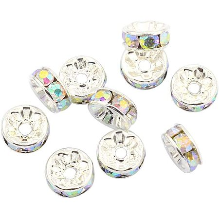 Pandahall Elite 500pcs 8mm AB Color Rhinestone Spacer Beads Silver Plated Brass Rondelle Spacer Beads for Jewelry Making