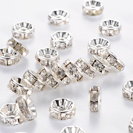 Honeyhandy Rhinestone Spacer Beads, Brass, Grade A, Flat Round, Silver Color Plated, Clear, Size: about 8mm in diameter, 4mm thick, hole: 1.5mm