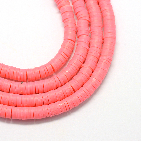 Honeyhandy Flat Round Eco-Friendly Handmade Polymer Clay Bead Spacers, Salmon, 4x1mm, Hole: 1mm, about 380~400pcs/strand, 17.7 inch