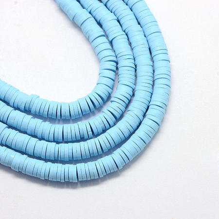 NBEADS 380 Pieces Handmade Polymer Clay Beads Strand, 4mm Flat Round Spacer Beads for DIY Jewelry Making, Light Sky Blue, Hole: 1mm