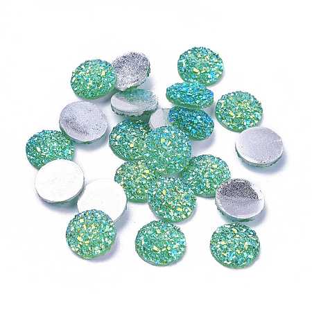 Honeyhandy Resin Cabochons, Imitation Druzy Agate, Flat Round, AB Color Plated, Sea Green, 12x3mm