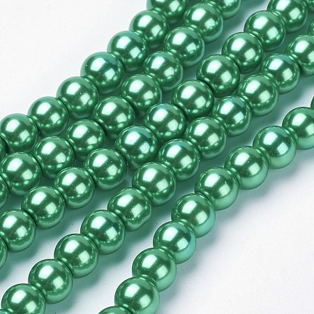 Round Glass Pearl Beads Strands, Dyed, Green, 6mm, Hole: 1mm, about 140pcs/strand, 32 inch
