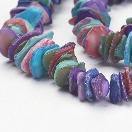 ARRICRAFT Natural Shell Beads Strands, Chips, Dyed, Mixed Color, about 6~15mm, 1~5mm thick, hole: 1mm, about 190pcs/strand, 15 inches