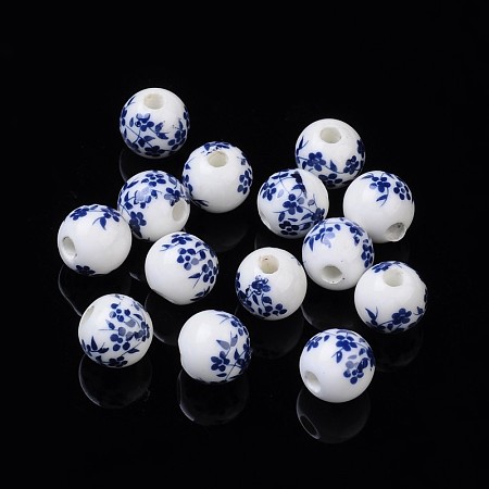 Honeyhandy Round Flower Handmade Blue and White Ceramic Porcelain Beads, 10mm, Hole: 3mm