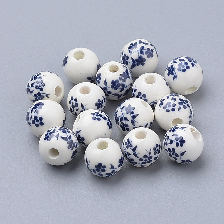 Honeyhandy Handmade Printed Porcelain Beads, Round, Prussian Blue, 8mm, Hole: 2mm