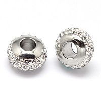 Honeyhandy Rondelle 304 Stainless Steel Polymer Clay Rhinestone European Beads, with Double Side Platinum Color Core, Stainless Steel Color, Crystal, 10x6mm, Hole: 4mm