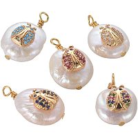 CHGCRAFT About 10pcs Natural Pearl Pendants with Golden Tone Brass Mixed Color Micro Pave Cubic Zirconia Findings Flat Round with Ladybird Shape Pendant for DIY Jewelry Making