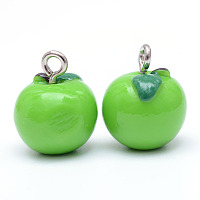 Honeyhandy Apple Resin Charms, with Platinum Tone Iron Screw Eye Pin Peg Bails, Lime Green, 15x12mm, Hole: 2mm