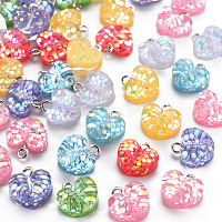 ARRICRAFT Epoxy Resin Charms, with Sequins/Paillette and Platinum Plated Iron Loop, Heart, Mixed Color, 13x13x6.5mm, Hole: 2mm
