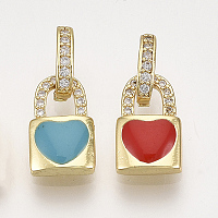 Honeyhandy Brass Micro Pave Cubic Zirconia Charms, with Enamel, Padlock with Heart, Golden, Mixed Color, 12.5x7.5x2.5mm, Hole: 6x2.5mm