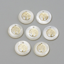 Honeyhandy Freshwater Shell Pendants, Flat Round & Tree, Golden, 16x3.5~4mm, Hole: 1.2mm