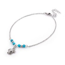 Honeyhandy Synthetic Turquoise Charms Anklets, with Tibetan Style Alloy Pendants, 304 Stainless Steel Findings and Iron Eye Pin, Sea Turtle, Antique Silver & Platinum, 9-7/8 inch(25.1cm), Pendant: 16x12.5x3mm