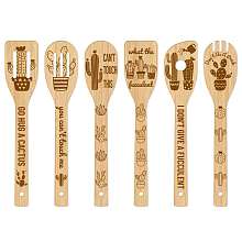 GLOBLELAND 6Pcs Bamboo Spoons & Knifes & Forks, Flatware for Dessert, Cactus Pattern, 60x300mm, 6 style, 1pc/style, 6pcs/set