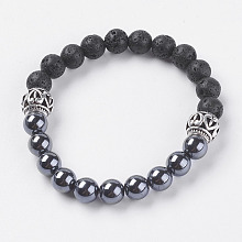 Honeyhandy Natural Lava Rock Beads Stretch Bracelets, with Synthetic Hematite and Alloy Finding, Antique Silver, 2-1/8 inch(54mm)