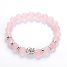 Honeyhandy Buddha Head Gemstone Beaded Stretch Bracelets, with Tibetan Style Beads and Brass Beads, Rose Quartz, 55mm