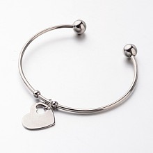 Honeyhandy 304 Stainless Steel Cuff Bangles, Heart Charm Bangles, Stainless Steel Color, 61mm