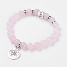 Honeyhandy Natural Rose Quartz Stretch Bracelets, with Alloy Pendants & Findings, Tree of Life & Om Symbol, Burlap Packing, 2-1/8 inch(5.3cm)