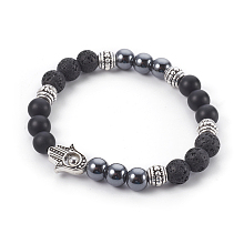 Honeyhandy Natural Lava Rock and Black Agate(Dyed) Stretch Bracelets, with Non-Magnetic Synthetic Hematite, 304 Stainless Steel Beads and Alloy Beads, Palm, 2-1/4 inch(5.8cm)