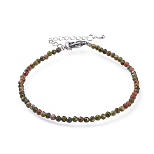 Honeyhandy Natural Unakite Bead Bracelets, with 304 Stainless Steel Lobster Claw Clasps and Brass Extender Chains, Faceted, 7-1/4 inch(18.5cm)