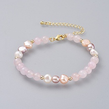 Honeyhandy Beaded Bracelets, with Natural Pearl Beads, Natural Rose Quartz Beads and Golden Plated Brass Chain Extender and Spacer Beads, 7-1/8 inch(18.1cm)