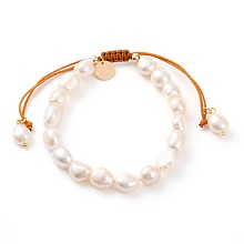 Honeyhandy Adjustable Nylon Thread Braided Bead Bracelets, with Oval Natural Cultured Freshwater Pearl Beads and Flat Round Brass Charms, Real 18K Gold Plated, White, Inner Diameter: 2-1/8~3-1/2 inch(5.5~9cm)