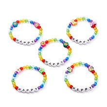 Honeyhandy Transparent & Opaque Acrylic Beaded Bracelets for Kids, with Handmade Polymer Clay Beads, Word Happy, Mixed Shape, Mixed Color, Inner Diameter: 1-7/8 inch(4.8cm)