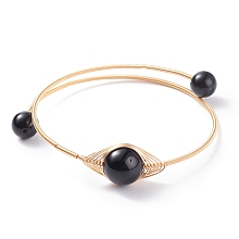 Honeyhandy Natural Obsidian Round Beaded Bangle, Adjustable Copper Wire Torque Bangle for Women, Golden, Inner Diameter: 2 inch(5.2cm)