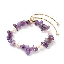 Honeyhandy Natural Amethyst Chips & Pearl Beaded Slider Bracelet, Gemstone Jewelry for Women, Golden, Inner Diameter: 2-1/8~3-1/4 inch(5.4~8.4cm)