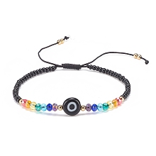 Honeyhandy Lampwork Evil Eye & Glass Beaded Bracelet, Braided Adjustable Bracelet for Women, Black, Inner Diameter: 2-1/2~3-7/8 inch(6.2~9.7cm)