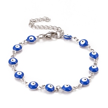 Honeyhandy Enamel Oval with Evil Eye Link Chains Bracelet, 304 Stainless Steel Jewelry for Women, Stainless Steel Color, Blue, 6-1/2 inch(16.5cm)