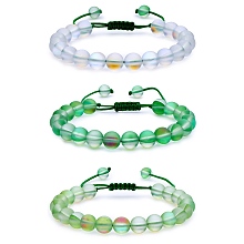 Honeyhandy 3Pcs Round Synthetic Moonstone Braided Bead Bracelets, Gemstone Jewelry for Women, Green, Inner Diameter: 1-7/8~3-1/4 inch(4.8~8.3cm)