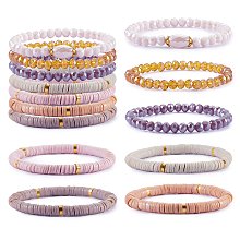 Honeyhandy 7Pcs 7 Style Handmade Polymer Clay Heishi Surfer Stretch Bracelets Set, Glass Beads Bracelets, Stackable Preppy Bracelets for Women, Chocolate, Inner Diameter: 2-1/8 inch(5.3cm), 1Pc/style