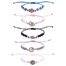 Honeyhandy 5Pcs 5 Style Rhinestone Evil Eye Link Bracelets Set with Glass & Resin Beaded, Adjustable Bracelets for Women, Mixed Color, Inner Diameter: 1~3-3/4 inch(2.5~9.5cm), 1Pc/style