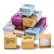 Honeyhandy Cardboard Ring Boxes, with Bowknot Ribbon Outside and White Sponge Inside, Square, Mixed Color, 5~5.3x5~5.3x3.8~4cm