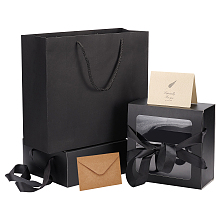 BENECREAT 2 Set Present Box with Lid 20x20x9cm Gift Box with Paper Bags, Leaf Pattern Kraft Envelopes and Greeting Cards Set for Presents Wedding Birthdays Gift Packging