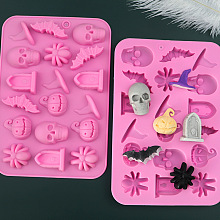 Honeyhandy Halloween Theme Tombstone/Skull/Bat Cake Decoration Silicone Molds, Fondant Molds, for Chocolate, Candy, UV Resin & Epoxy Resin Craft Making, Pearl Pink, 125x182x14mm, Inner Diameter: 14~36x23~43mm