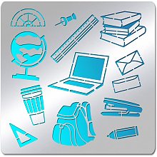 BENECREAT Study Thing Stainless Steel Stencil Template, 6x6" Globe School Bag Ruler Computer Metal Journal Template Tool for Wood Burning Drawing Painting Scrapbooking