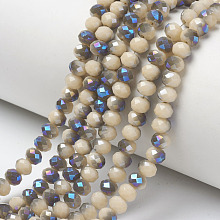 Honeyhandy Electroplate Opaque Solid Color Glass Beads Strands, Half Plated, Blue Plated, Faceted, Rondelle, PapayaWhip, 4x3mm, Hole: 0.4mm, about 123~127pcs/strand, 16.5~16.9 inch(42~43cm)