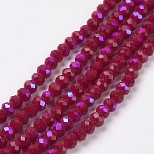 Electroplate Opaque Solid Color Glass Beads Strands, Half Rainbow Plated, Faceted, Rondelle, Dark Red, 4x3mm, Hole: 0.4mm, about 123~127pcs/strand, 16.5~16.9 inch(42~43cm)