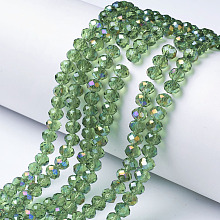 Honeyhandy Electroplate Transparent Glass Beads Strands, Half Rainbow Plated, Faceted, Rondelle, Pale Green, 6x5mm, Hole: 1mm, about 92~94pcs/strand, 17~17.5 inch(42.5~43.75cm)