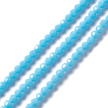 Honeyhandy Faceted Glass Beads Strands, Round, Light Sky Blue, 4mm, Hole: 1mm, about 99~107pcs/strand, 14.09~15.43''(35.8~39.2cm)