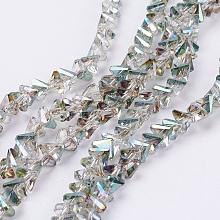 Honeyhandy Electroplate Glass Beads Strands, Half Plated, Faceted, Triangle, Green Plated, 4.5x5x6mm, Hole: 1mm, about 100pcs/strand, 13.7 inch(35cm)