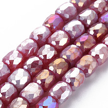 Arricraft Opaque Baking Painted Glass Beads Strands, Imitation Stones, Faceted, AB Color Plated, Column, Pale Violet Red, 8x8mm, Hole: 1.2mm, about 60pcs/strand, 19.69 inch(50cm)